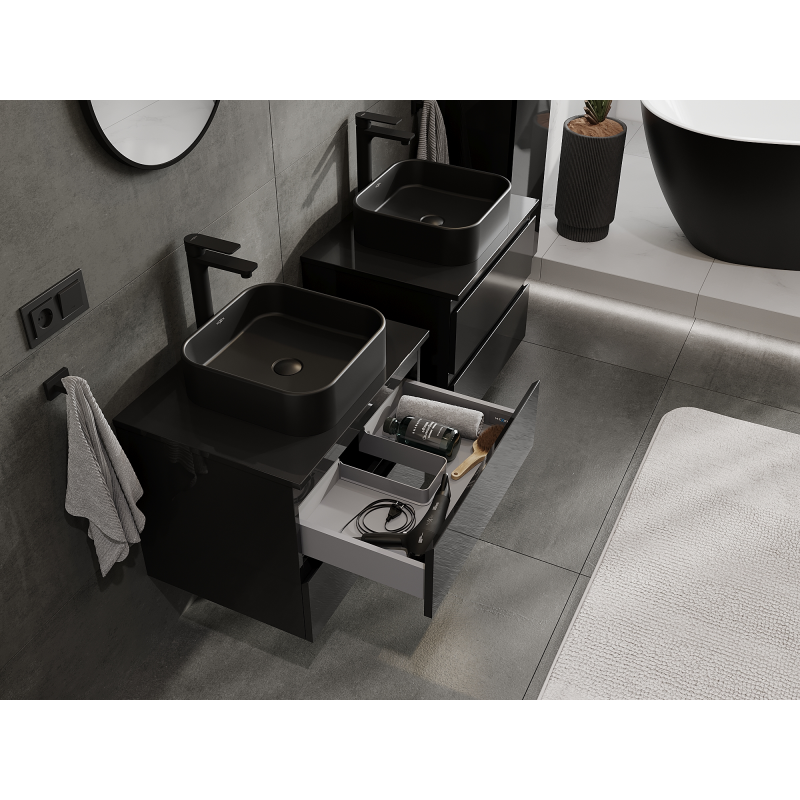 Mexen Orio kylpyhuonekaappi pesualtaan alle 60 cm, 2 laatikkoa, musta kiiltävä - 91A10-06047-2-BFF70