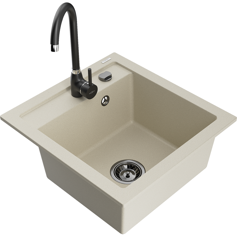 Mexen Vito granite sink 1-bowl with Telma kitchen tap, beige - 6503-69-670200-70