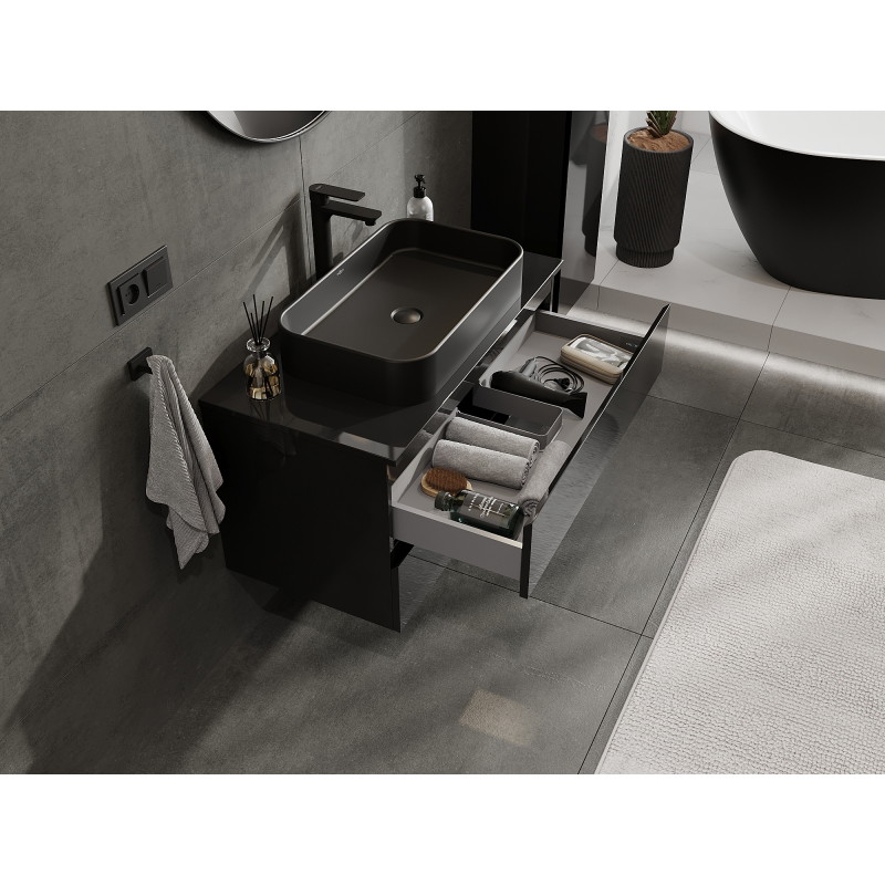 Mexen Orio 90 cm bathroom cabinet with two drawers, black gloss - 91A10-09047-2-BFF70
