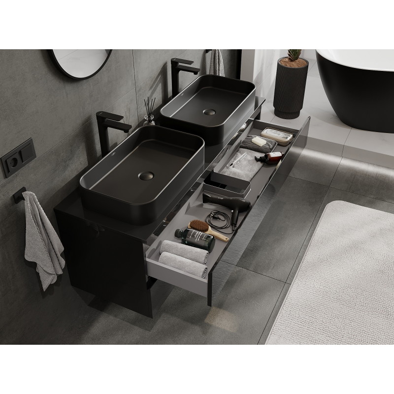 Mexen Orio 140 cm bathroom cabinet, 2 drawers, black gloss - 91A10-14047-2-BFF70