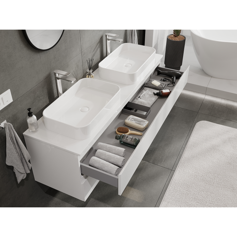 Mexen Orio 160 cm leveä kylpyhuonekaappi pesualtaan alle, 2 laatikkoa, valkoinen kiiltävä - 91A10-16047-2-BFF00