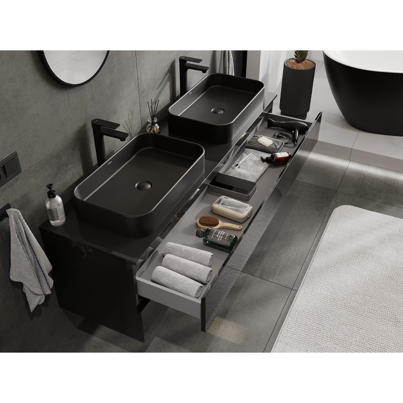 Mexen Orio armário de casa de banho para lavatório 160 cm, 2 gavetas, preto brilhante - 91A10-16047-2-BFF70