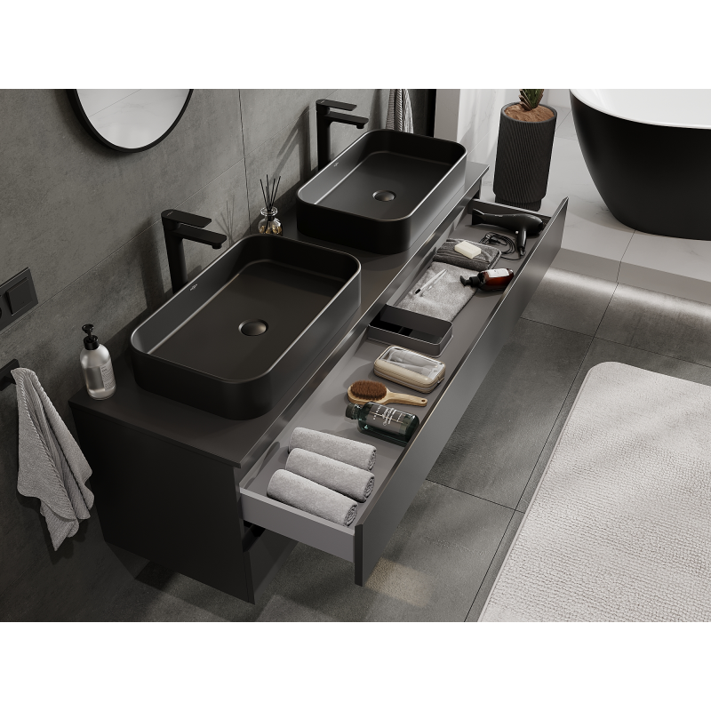 Mexen Orio musta matta kylpyhuonekaappi pesualtaalle 160 cm, 2 laatikkoa - 91A10-16047-2-BFF71