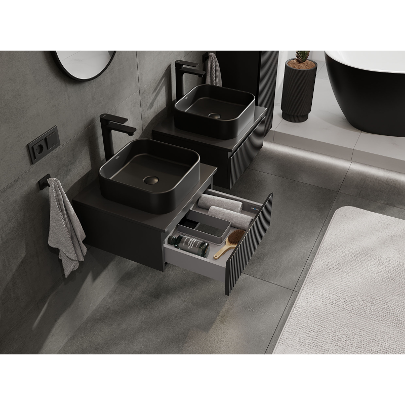 Mexen Rivel Badezimmerschrank für Waschtisch 50 cm, 1 Schublade, gerillt, schwarz matt - 91A20-05023-1-BF71