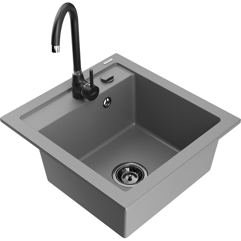 Mexen Vito granite sink 1-bowl with Telma kitchen tap, grey - 6503-71-670200-70-B