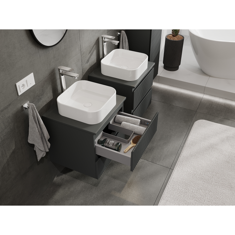 Mexen Rivel badkamerkastje onder wastafel 50 cm, 2 laden, gegroefd, mat grafiet - 91A20-05047-2-BFF66