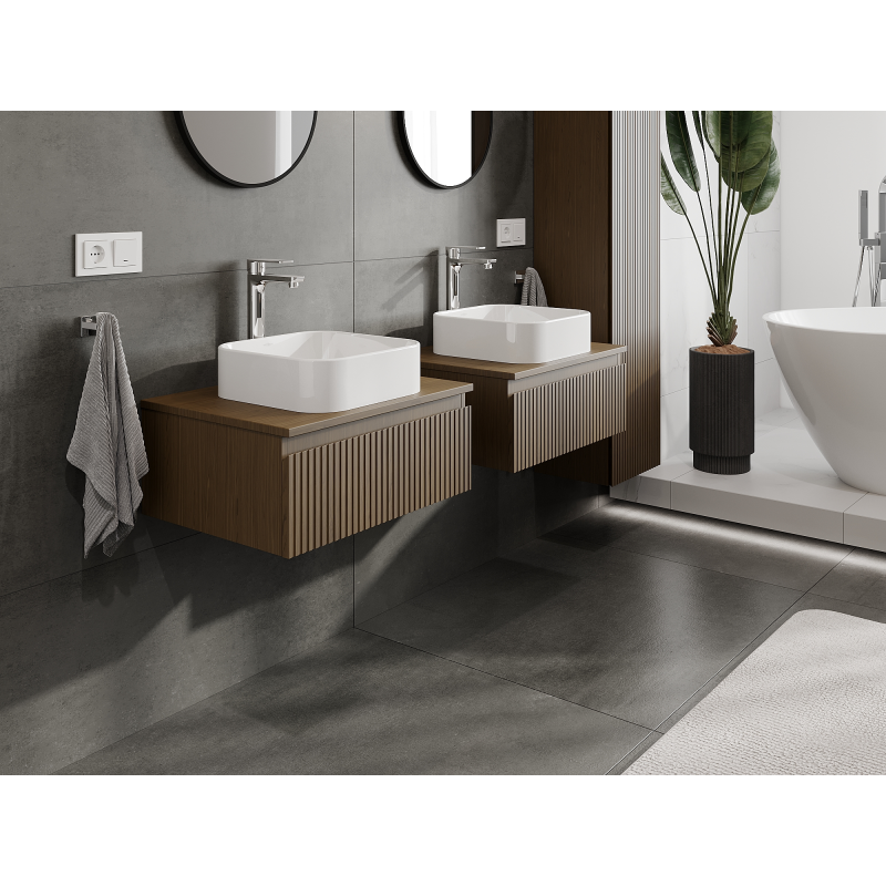 Mexen Rivel Badezimmerschrank für Waschbecken 60 cm, 1 Schublade, geriffelt, Nussbaum - 91A20-06023-1-BF86