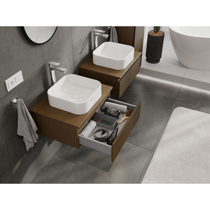 Mexen Rivel Badezimmerschrank für Waschbecken 60 cm, 1 Schublade, geriffelt, Nussbaum - 91A20-06023-1-BF86