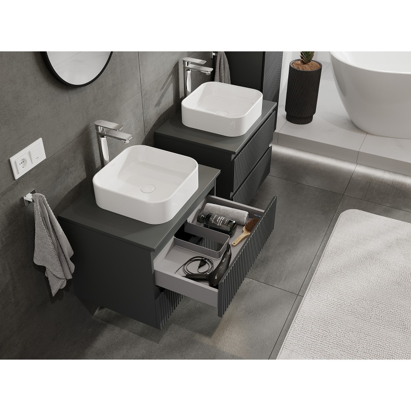 Mexen Rivel bathroom cabinet for washbasin 60 cm, 2 drawers, fluted, matte graphite - 91A20-06047-2-BFF66