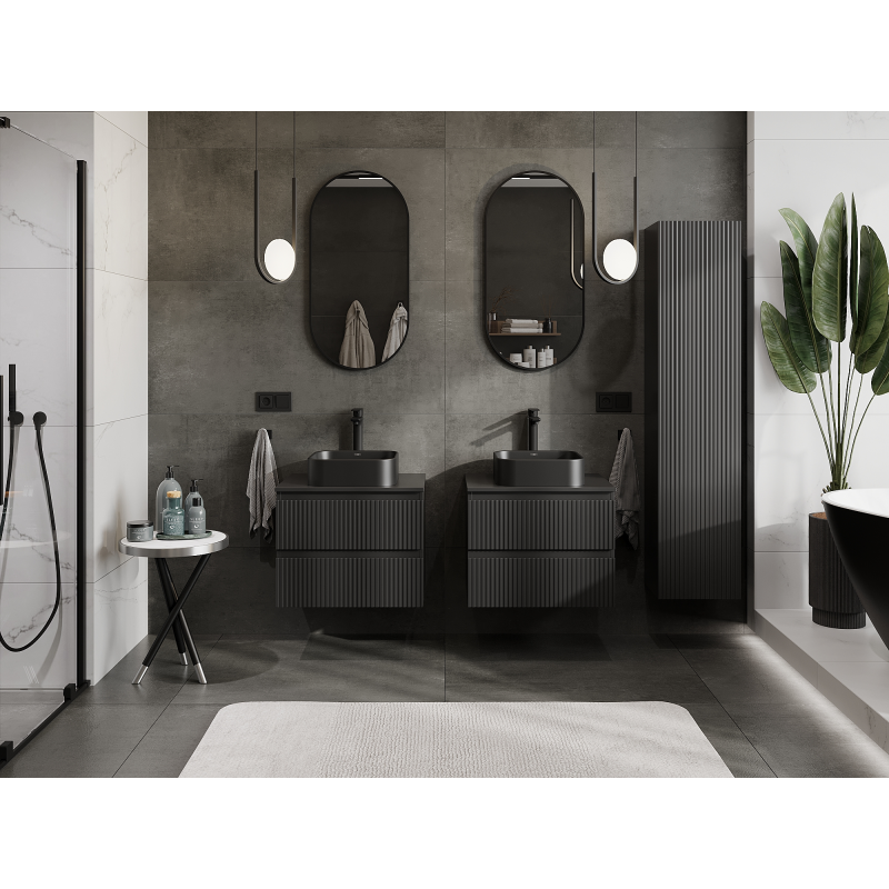 Mexen Rivel armário de casa de banho debaixo do lavatório 60 cm, 2 gavetas, canelado, preto mate - 91A20-06047-2-BFF71