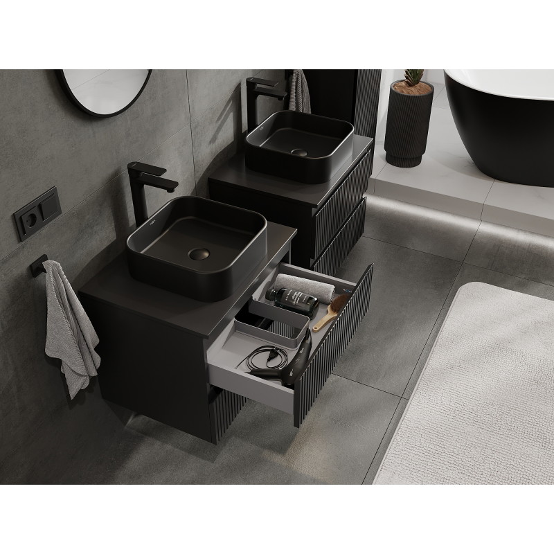 Mexen Rivel bathroom cabinet for under sink 60 cm, 2 drawers, grooved, black matte - 91A20-06047-2-BFF71