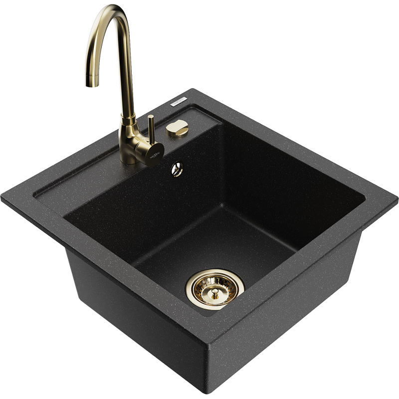 Mexen Vito 1-bowl granite sink with Telma kitchen tap, black/silver metallic - 6503-73-670200-50