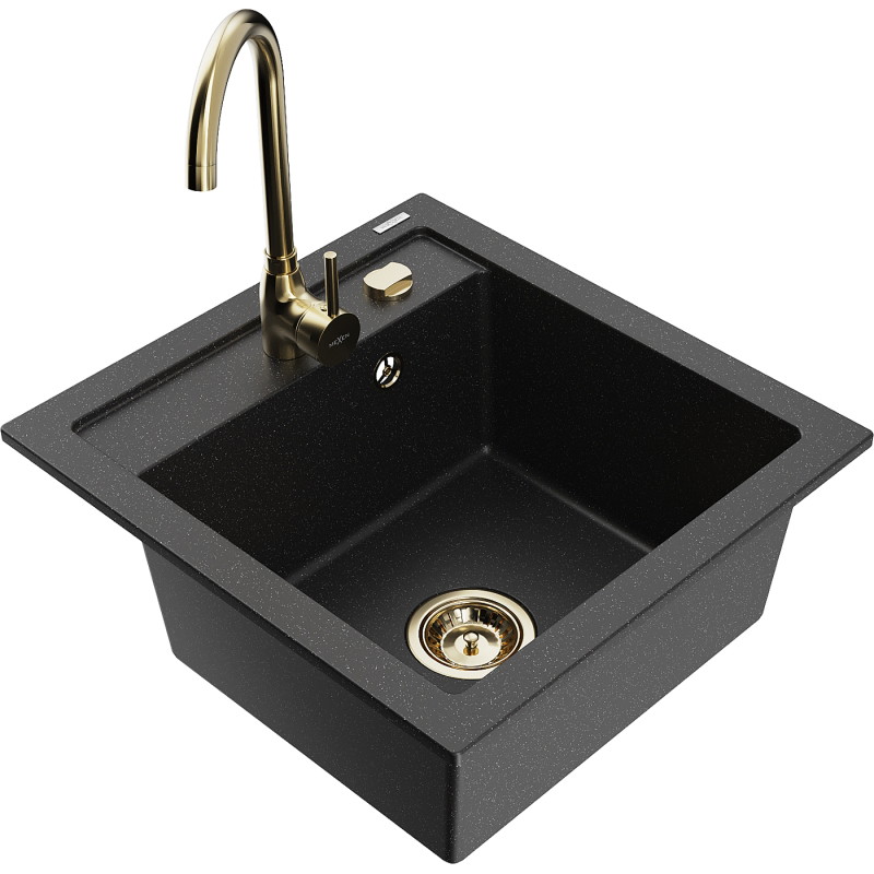 Mexen Vito granieten gootsteen met 1 bak en keukenmengkraan Telma, zwart/zilver metallic - 6503-73-670200-50