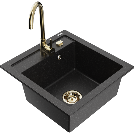 Mexen Vito granieten gootsteen 1-komors met keukenmengkraan Telma, zwart/zilver metallic - 6503-73-670200-50