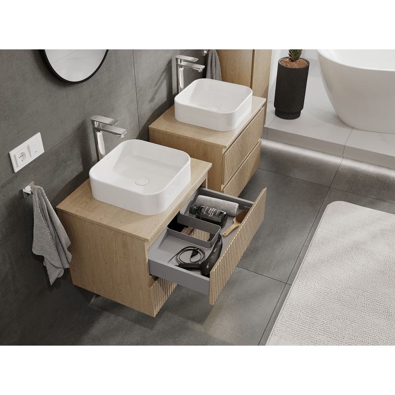 Mexen Rivel badrumsskåp under tvättställ 60 cm, 2 lådor, räfflad, ek - 91A20-06047-2-BFF81