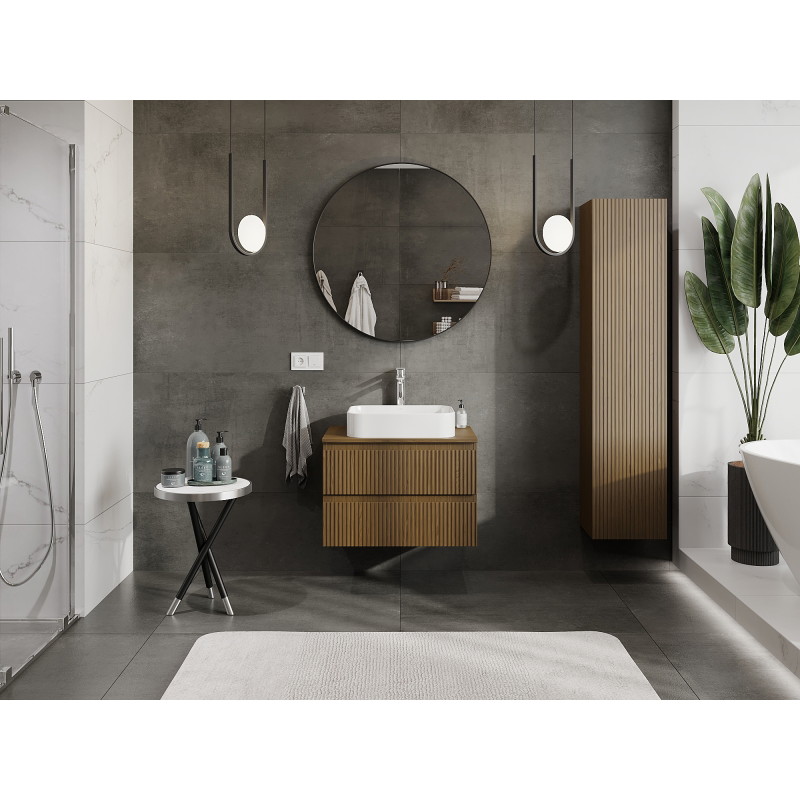 Mexen Rivel bathroom cabinet with basin 70 cm, 2 drawers, grooved, walnut - 91A20-07047-2-BFF86