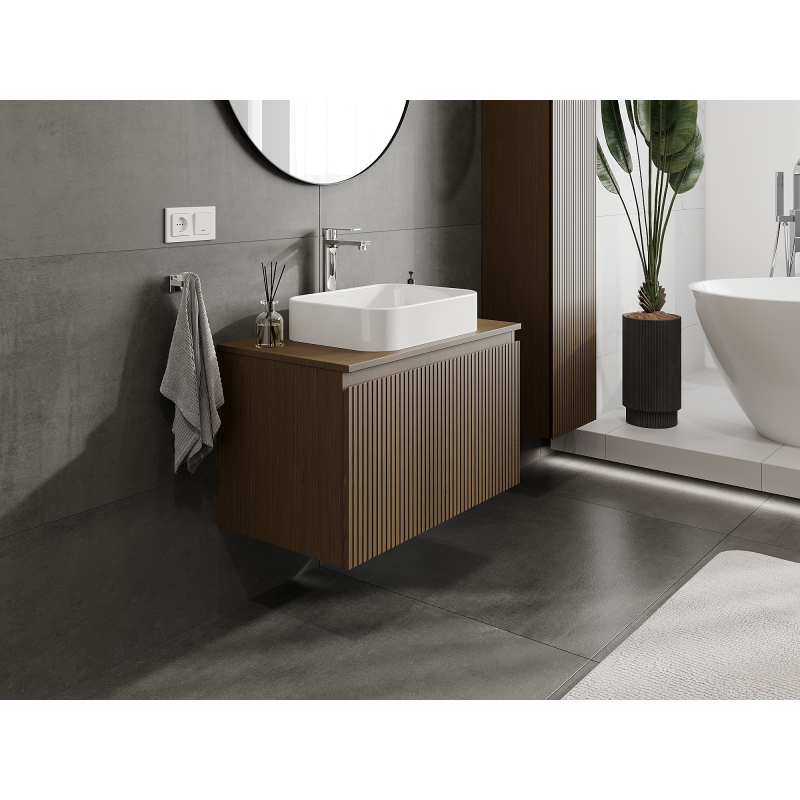 Mexen Rivel badkamerkastje onder de wastafel 80 cm, 1 lade, gegroefd, walnoot - 91A20-08047-1-BF86