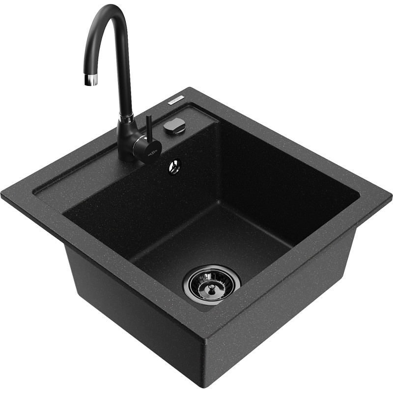 Mexen Vito granit gootsteen met 1 kom voor keuken kraan Telma, zwart/zilver metallic - 6503-73-670200-70-B