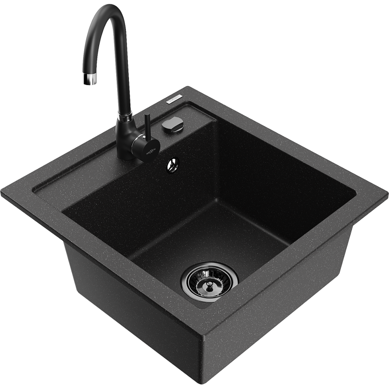 Mexen Vito Granitspüle 1-becken mit Küchenarmatur Telma, Schwarz/Silber Metallic - 6503-73-670200-70-B