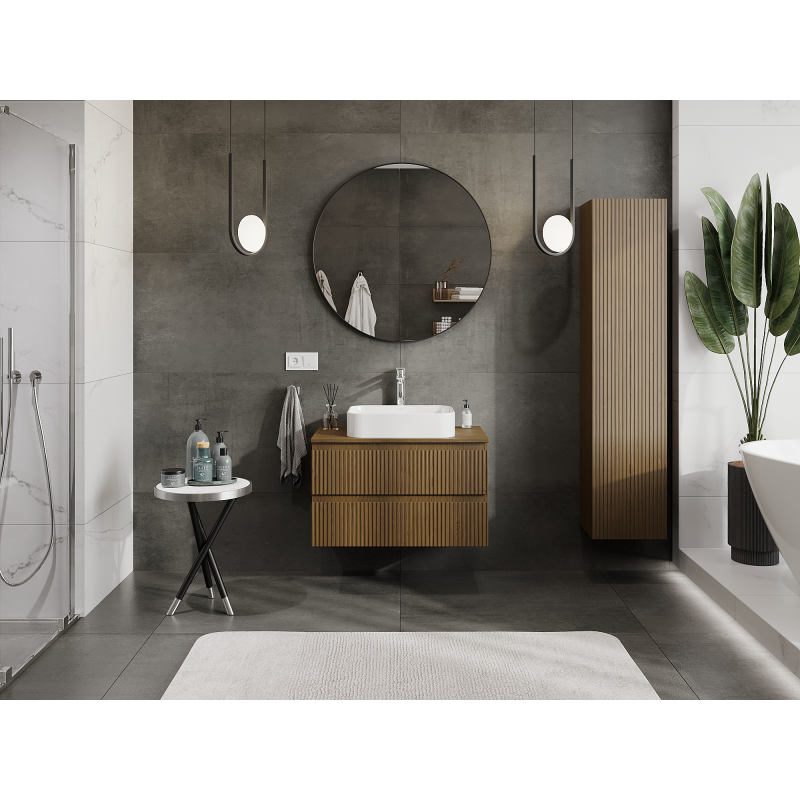 Mexen Rivel mueble de baño bajo lavabo de 80 cm, 2 cajones, estriado, nogal - 91A20-08047-2-BFF86