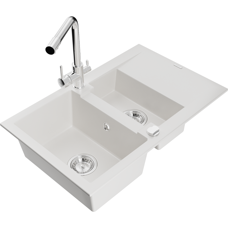 Mexen Gaspar 1.5-bowl granite sink with drainer and Duero kitchen tap, white - 6507-20-671600-00
