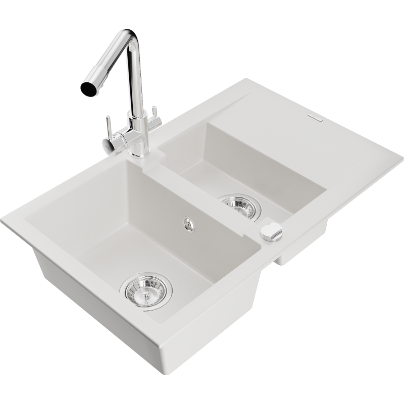 Mexen Gaspar fregadero de granito 1,5 cubetas con escurridor y grifo de cocina Duero, blanco - 6507-20-671600-00