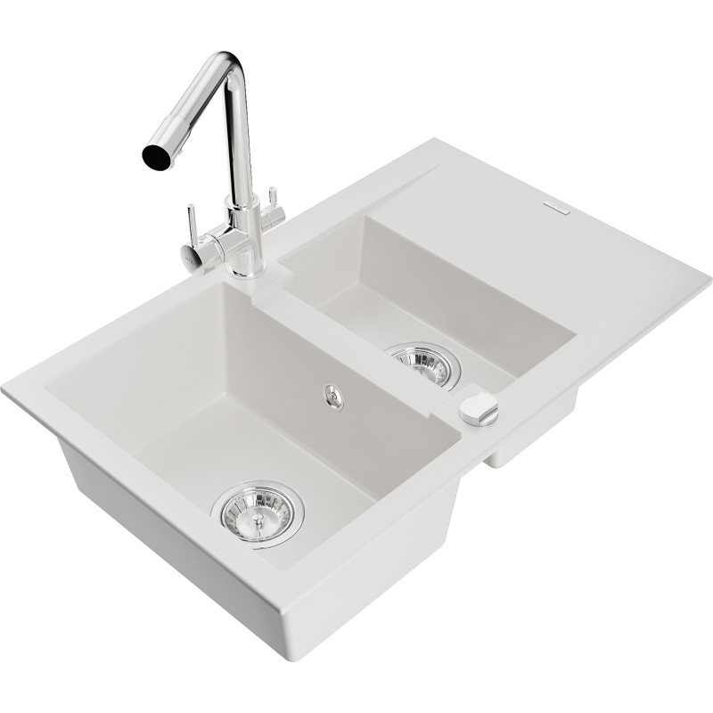 Mexen Gaspar fregadero de granito de 1,5 senos con escurridor y grifo de cocina Duero, blanco - 6507-20-671600-00