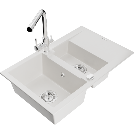 Mexen Gaspar fregadero de granito de 1,5 senos con escurridor y grifo de cocina Duero, blanco - 6507-20-671600-00