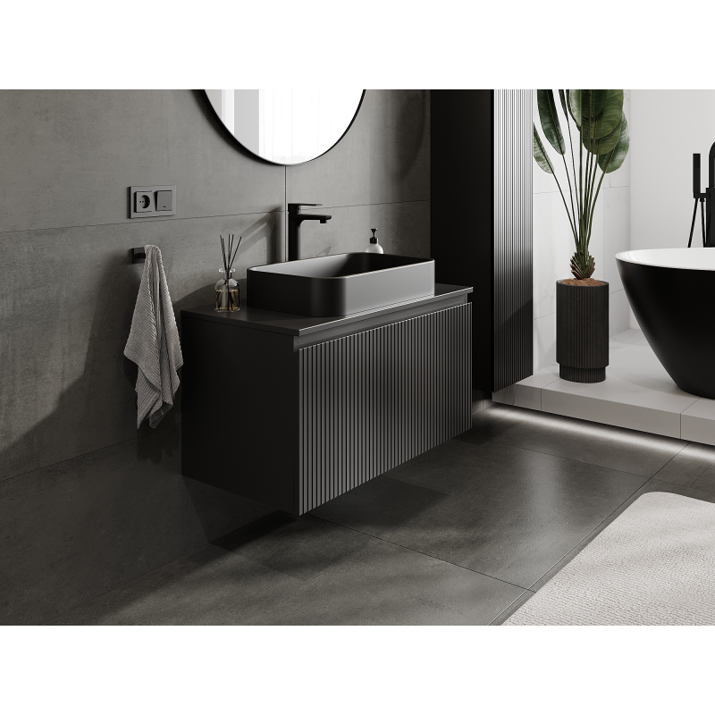 Mexen Rivel Armário de casa de banho sob lavatório 90 cm, 1 gaveta, ranhurado, preto mate - 91A20-09047-1-BF71