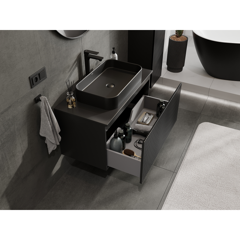 Mexen Rivel gabinete de baño para lavabo de 90 cm, 1 cajón, ranurado, negro mate - 91A20-09047-1-BF71