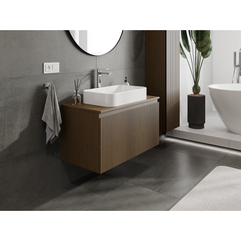 Mexen Rivel armário de casa de banho para lavatório 90 cm, 1 gaveta, canelado, nogueira - 91A20-09047-1-BF86