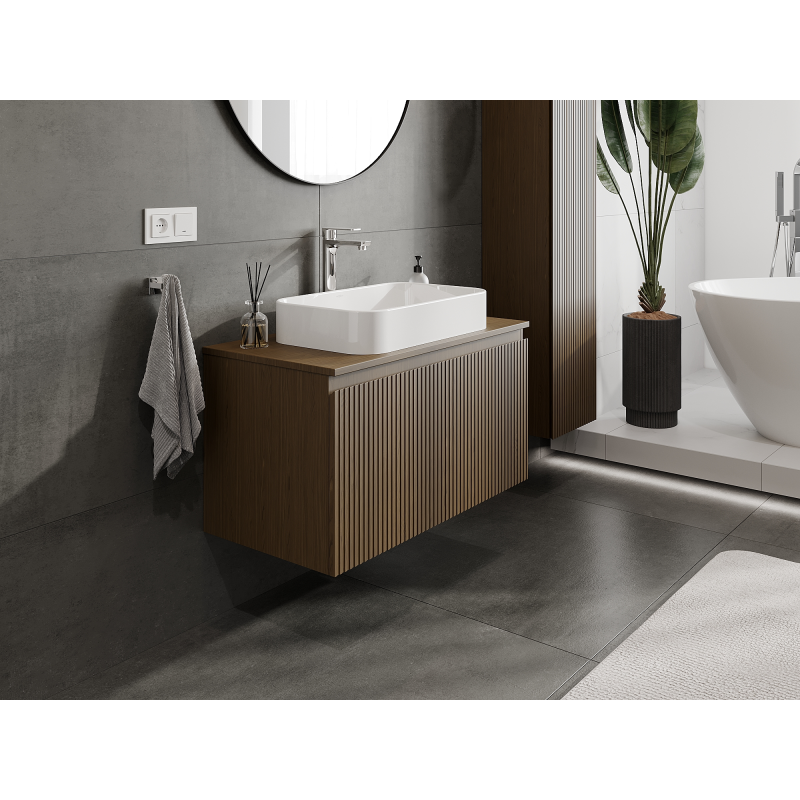 Mexen Rivel meuble lavabo 90 cm, 1 tiroir, rainuré, noyer - 91A20-09047-1-BF86