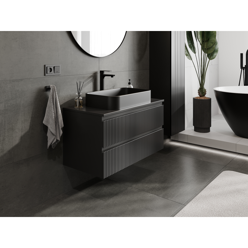 Mexen Rivel meuble de salle de bain sous-vasque 90 cm, 2 tiroirs, rainurée, noir mat - 91A20-09047-2-BFF71