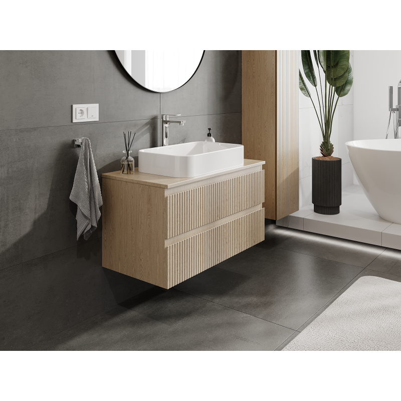 Mexen Rivel armoire de salle de bains sous-vasque 90 cm, 2 tiroirs, rainurée, chêne - 91A20-09047-2-BFF81