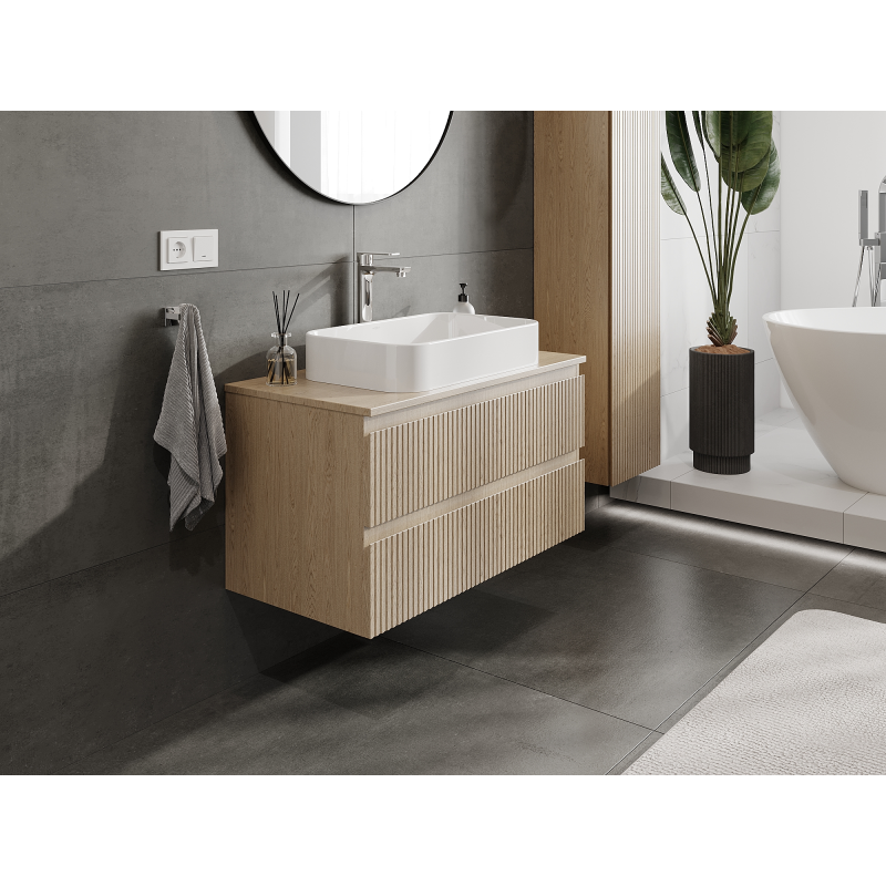 Mexen Rivel Badezimmerschrank 90 cm, 2 Schubladen, gerillt, Eiche - 91A20-09047-2-BFF81