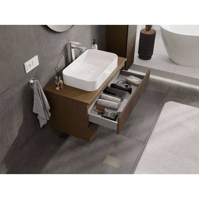 Mexen Rivel bathroom cabinet with sink 90 cm, 2 drawers, fluted, walnut - 91A20-09047-2-BFF86