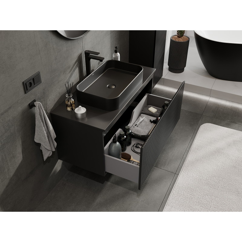 Mexen Rivel bathroom cabinet under sink 100 cm, 1 drawer, fluted, black matte - 91A20-10047-1-BF71