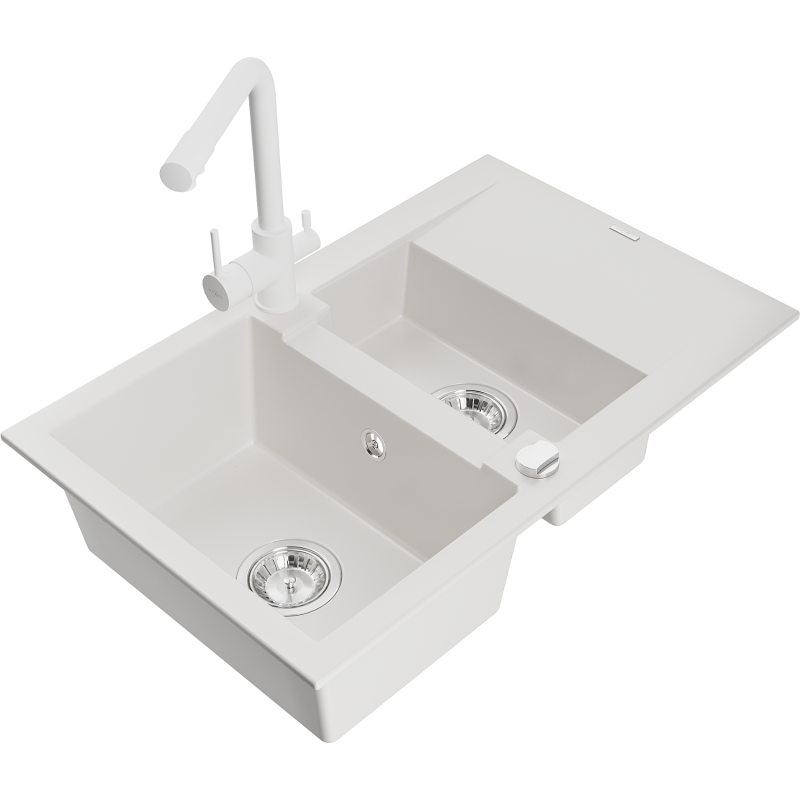 Mexen Gaspar fregadero de granito de 1,5 compartimentos con escurridor y grifo de cocina Duero, blanco - 6507-20-671600-20