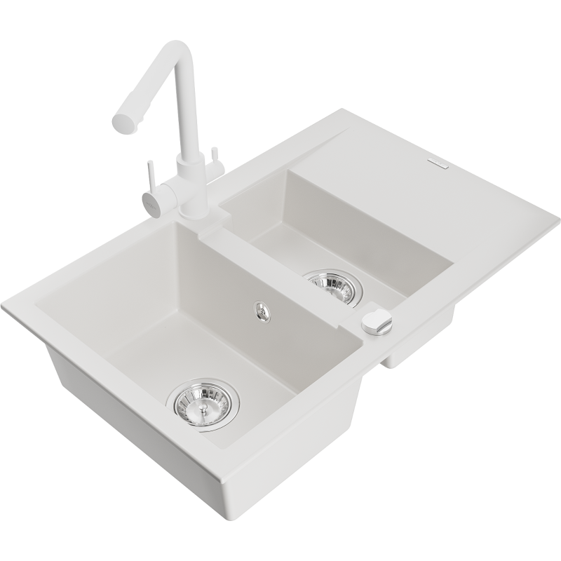 Mexen Gaspar granit diskbänk 1,5-bassäng med avrinningsyta och köksblandare Duero, vit - 6507-20-671600-20