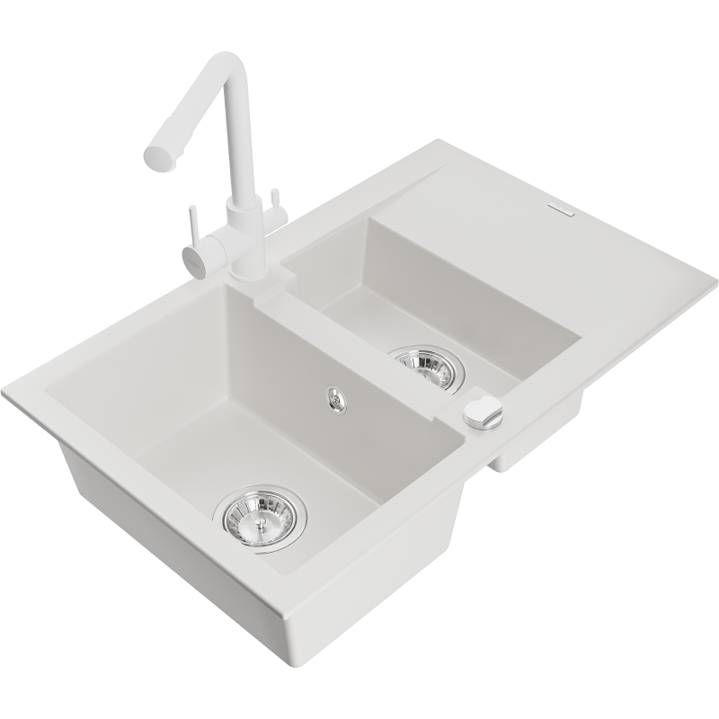 Mexen Gaspar granitno pomivalno korito z 1,5 komoro z odcejalnikom in kuhinjsko pipo Duero, belo - 6507-20-671600-20