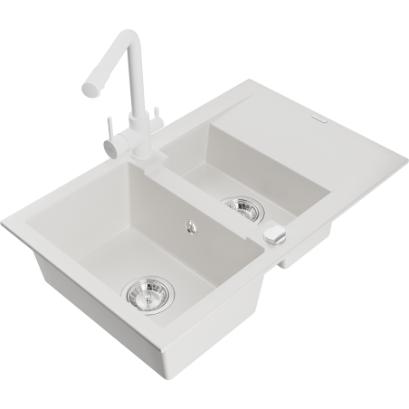 Mexen Gaspar fregadero de granito de 1,5 compartimentos con escurridor y grifo de cocina Duero, blanco - 6507-20-671600-20