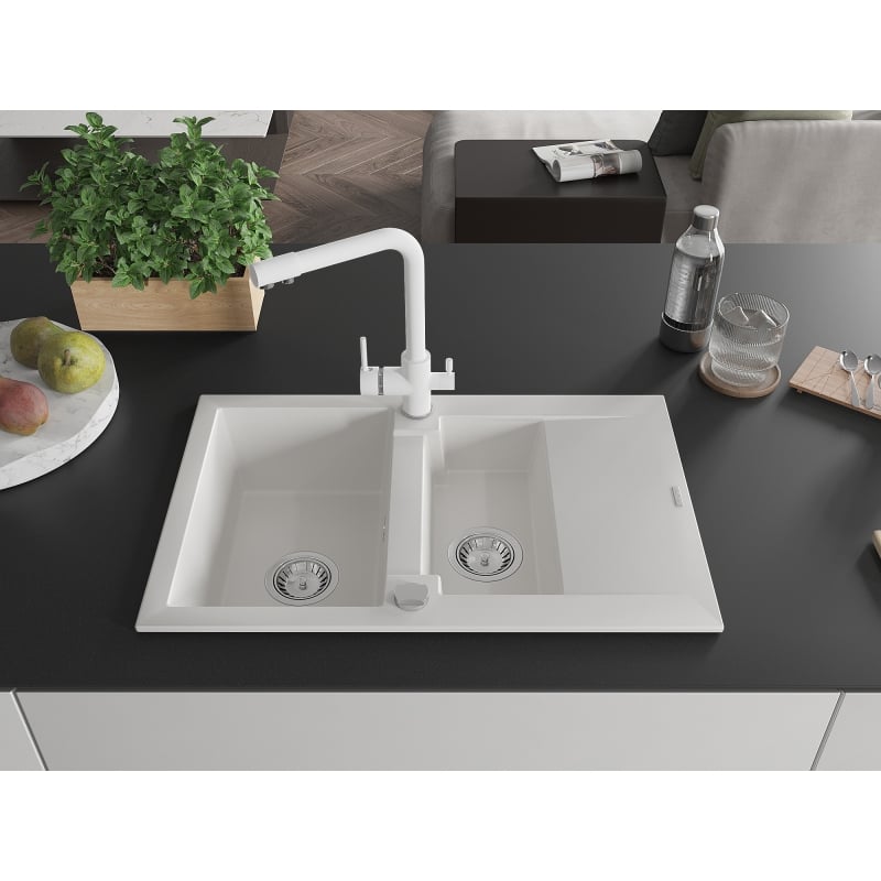 Mexen Gaspar fregadero de granito de 1,5 cubas con escurridor y grifo de cocina Duero, blanco - 6507-20-671600-20