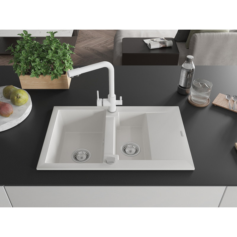 Mexen Gaspar fregadero de granito de 1,5 senos con escurridor y grifo de cocina Duero, blanco - 6507-20-671600-20