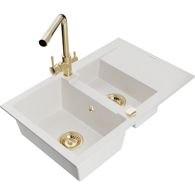 Mexen Gaspar fregadero de granito 1,5-cubetas con escurridor y grifo de cocina Duero, blanco - 6507-20-671600-50