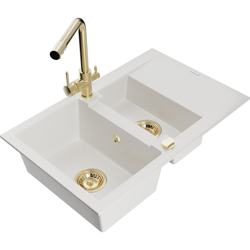 Mexen Gaspar fregadero de granito de 1,5 tazones con escurridor y grifo de cocina Duero, blanco - 6507-20-671600-50