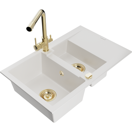 Mexen Gaspar granitische spoelbak met 1,5 compartimenten en afdruiprek en keukenkraan Duero, wit - 6507-20-671600-50