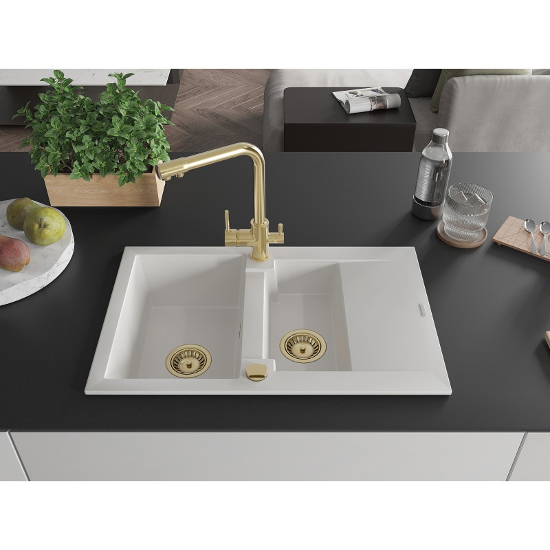 Mexen Gaspar granitische spoelbak met 1,5 compartimenten en afdruiprek en keukenkraan Duero, wit - 6507-20-671600-50