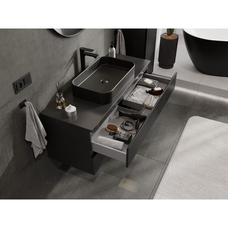 Mexen Rivel vannas istabas izlietnes skapis 120 cm, 2 atvilktnes, rievots, melns mats - 91A20-12047-2-BFF71