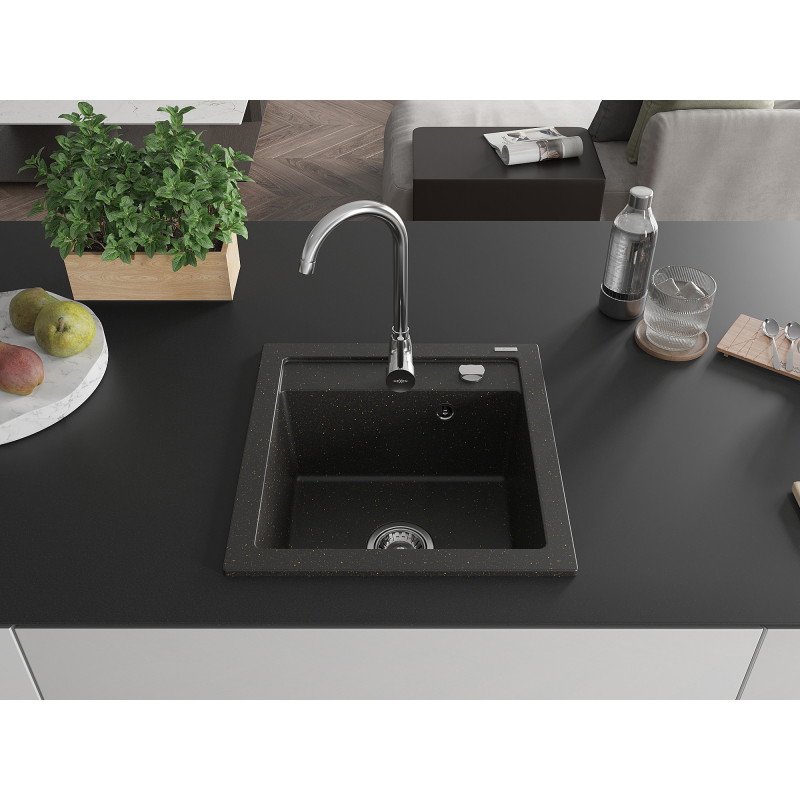 Mexen Vito lavello in granito a 1 vasca con rubinetto da cucina Telma, nero/oro metallizzato - 6503-75-670200-00