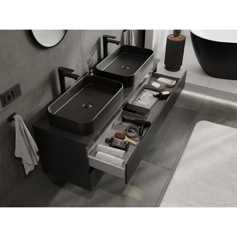 Mexen Rivel meuble de salle de bain sous lavabo 140 cm, 2 tiroirs, rainuré, noir mat - 91A20-14047-2-BFF71